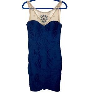 Caché Navy Tiered Bodycon with Jewels Pearls Mesh Evening Gown Mini Dress Size 6